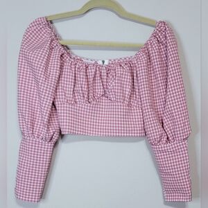 Princess Polly Pink Gingham Longsleeves Smocked Crop Top Size 0 Cottagecore